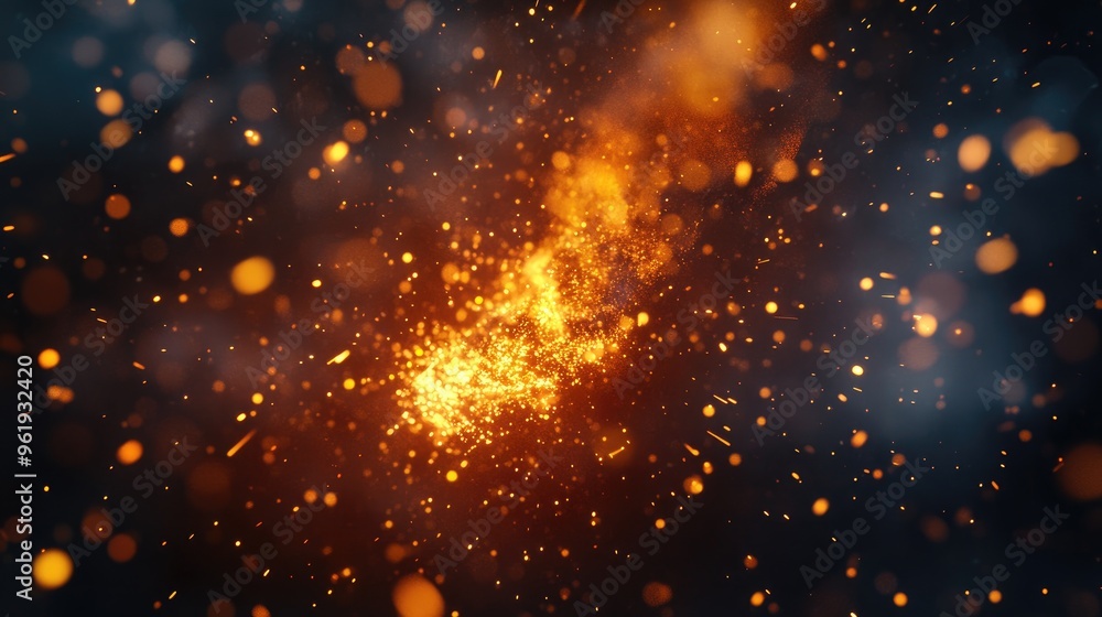Poster dynamic explosion of bright particles with sparks flying in a fiery display, creating energy and mov