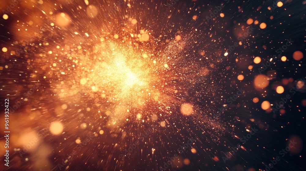 Poster dynamic explosion of bright particles with sparks flying in a fiery display, creating energy and mov