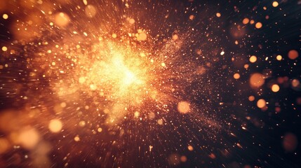 Dynamic explosion of bright particles with sparks flying in a fiery display, creating energy and movement against a dark scene
