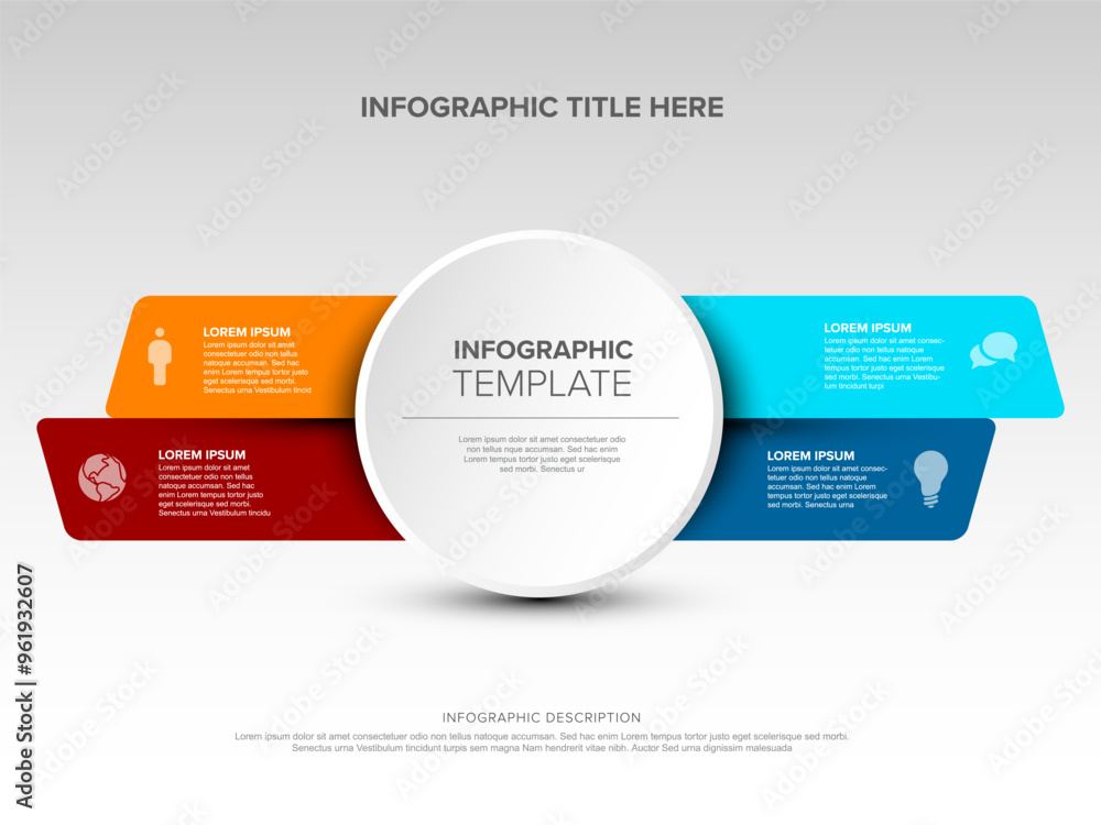 Poster multipurpose infographic template with big center and four elements on red and blue stripes all on w