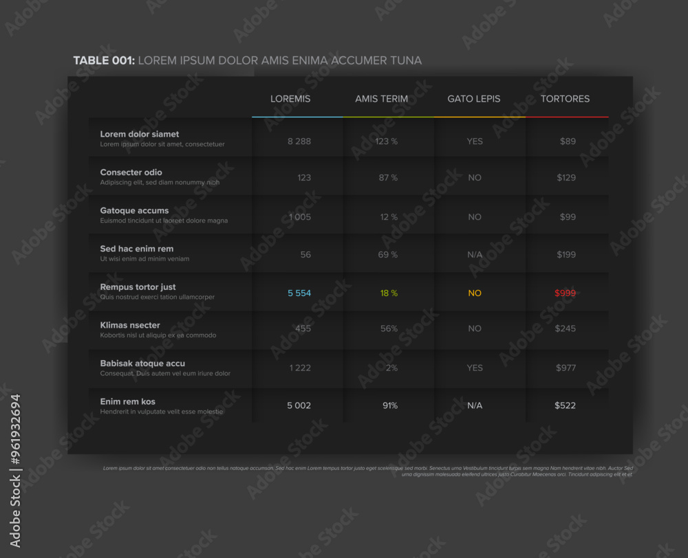 Poster multipurpose simple dark gray stylized table with light color accent and dark shadows as rows and co