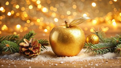 Golden Christmas apple with glittering ornaments and festive decorations, festive, Christmas, apple, golden