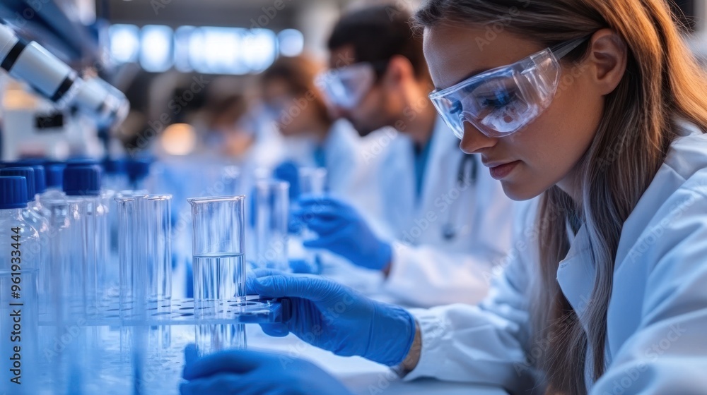 Poster lab scientist working with test tubes