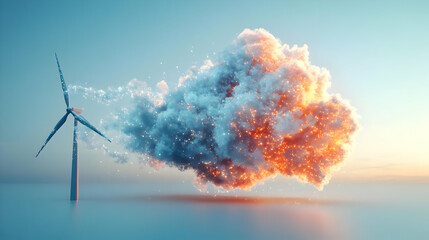 3D Glossy Cloud and Wind Turbine Icon with Holographic Wind Speed & Energy Data � Isolated on White Background for Renewable Energy Concepts