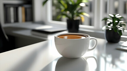 3D Glossy Coffee Cup on Polished Desk with Marketing Officer's Setup - High Angle Shot for Professional Marketing Atmosphere