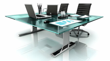 Fototapeta premium 3D Glossy Conference Room Table with Marketing Reports & Laptop - High Angle Shot for Marketing Strategy Meetings, Professional Reflection