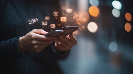 CONTACT US, Hand of Businessman holding mobile smartphone with ( mail,phone,email ) icon. customer support concept, copy space.