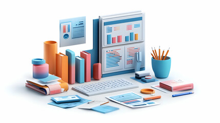 3D Glossy Desk Organizer with Holographic Marketing Tools & Strategy Documents Concept � High Angle Shot for Marketing and Organization Content