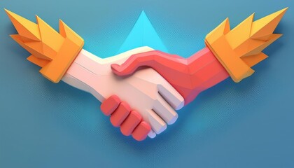 A creative 3D illustration of two hands shaking, symbolizing partnership, agreement, and collaboration in a modern style.