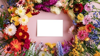 Top view of beautiful blooming flowers and blank card isolated on pink