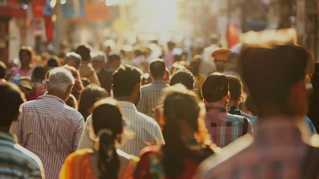 Crowd of people walking street in India