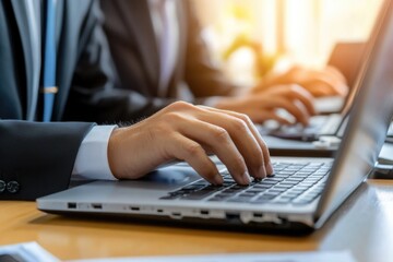 A man is typing on a laptop in front of another man who is also typing