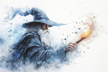 An enchanting wizard conjuring magic with a glowing wand, surrounded by mystical swirls of color and ethereal energy.