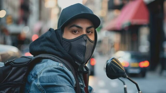 Man wearing black mask riding on a moped in city