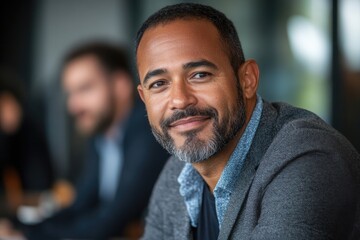 Fototapeta premium A man with a beard and a smile is sitting in front of a group of people