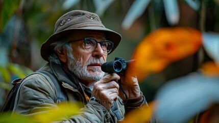 Elderly Man Observing Nature with Binoculars in a Lush Forest