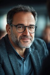 A man wearing glasses and a gray jacket
