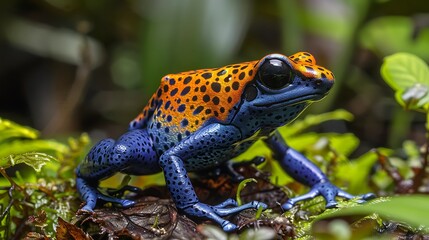 Fototapeta premium Colorful poison dart frog on rainforest floor: A vibrant poison dart frog sits alert on the rainforest floor, its bright, toxic colors standing out against the lush green foliage, a vivid warning 
