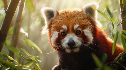 Fototapeta premium Curious red panda climbing in bamboo forest: A curious red panda climbs nimbly through the bamboo forest, its bushy tail and bright eyes adding to its endearing and playful nature. 