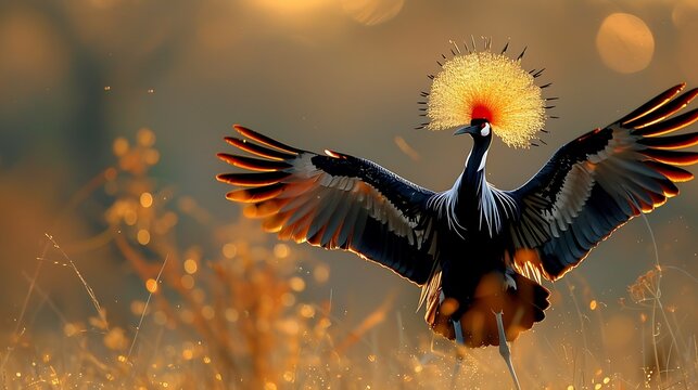 Elegant African crowned crane in mating dance, savanna: An elegant African crowned crane performs its intricate mating dance in the savanna, its golden crown of feathers bobbing gracefully as 