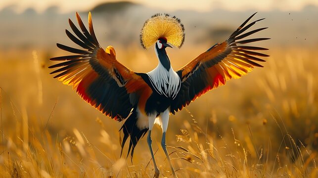 Elegant African crowned crane in mating dance, savanna: An elegant African crowned crane performs its intricate mating dance in the savanna, its golden crown of feathers bobbing gracefully as 