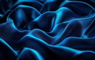 Obraz premium A close-up of luxurious blue satin fabric with smooth, flowing waves that create an elegant and rich texture.