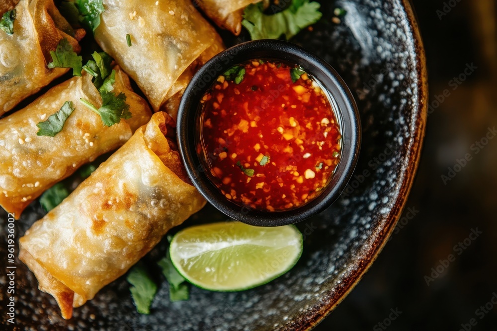 Sticker Spring rolls fried with sweet chili sauce and lime plated