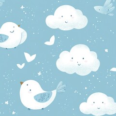Smiling Clouds and Birds in a Blue Sky
