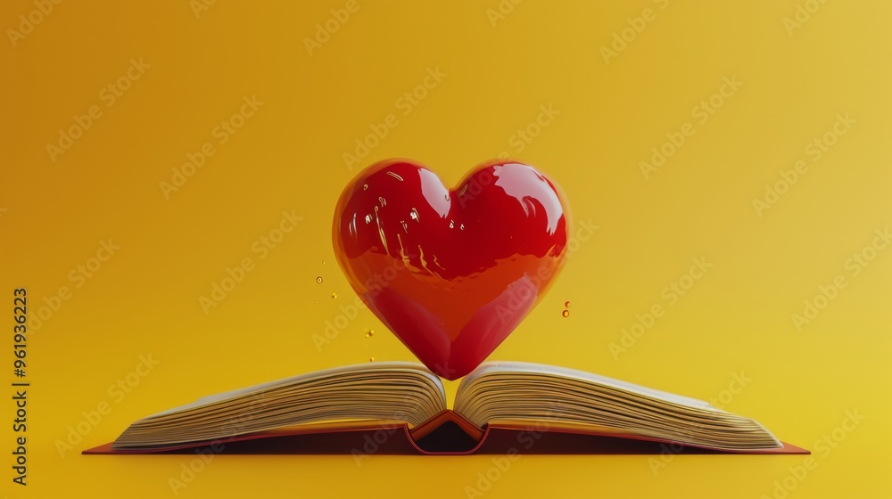 Poster a visually engaging image of an open book with a glossy red heart floating above, set against a vibr