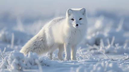 Arctic fox in pristine white winter coat, snowy landscape: An arctic fox, its coat pristine and white, blends seamlessly with the snowy landscape, eyes alert as it navigates the frozen wilderness. 