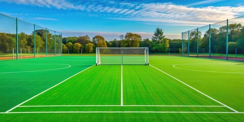 Grass field hockey pitch with goal posts, field, hockey, grass, pitch, sport, game, outdoor, arena, competition, team, sticks