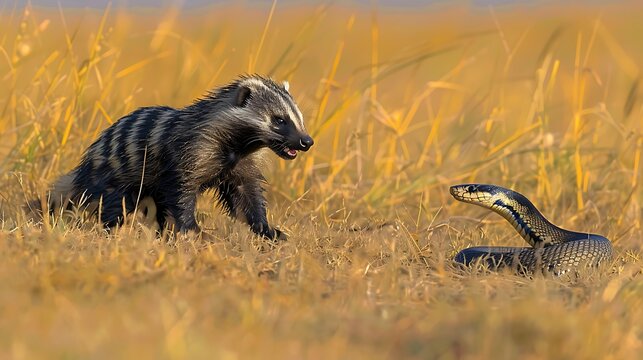 Fierce honey badger facing off against snake, savanna: A fierce honey badger stands its ground against a snake in the savanna, its reputation as a fearless and formidable predator on full display. 