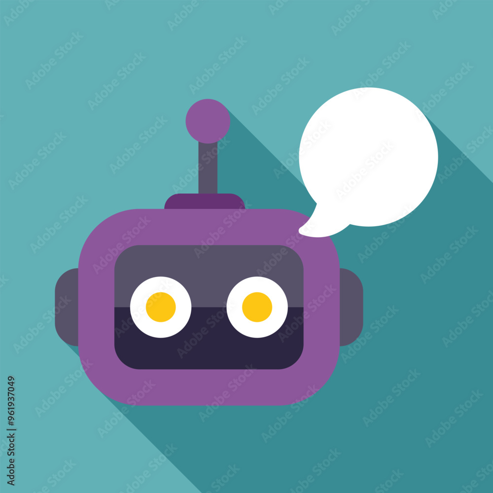 Poster modern flat design illustration of a purple robot chatting with an empty speech bubble