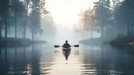 3D Kayaker Paddling on Glossy River Shrouded in Morning Mist - Serene Scene with Soft Reflections & Ethereal Calmness Icon