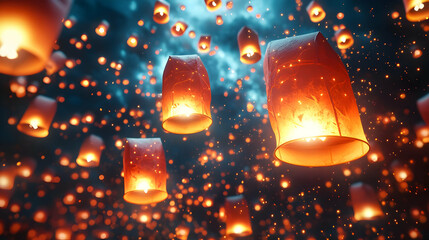 Obraz premium 3D Lantern Festival: Digital Art of Glowing Lanterns in Night Sky for Mid Autumn Celebration - Abstract Vibrant Colors & Shapes
