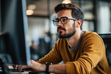 Obraz premium A man wearing glasses is sitting in front of a computer monitor