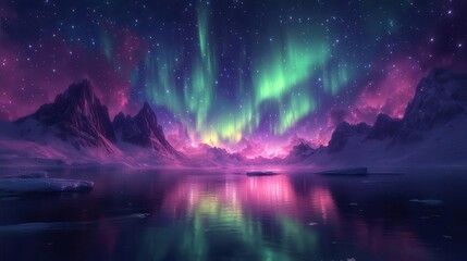 aweinspiring vista of aurora borealis dancing across night sky vivid greens and purples illuminating rugged mountain peaks countless stars twinkling in clear arctic air
