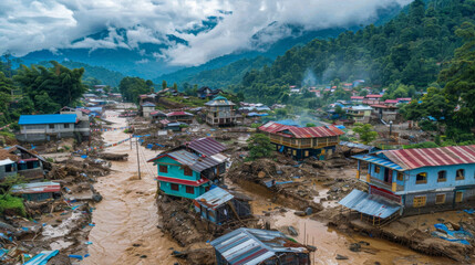A village in the Himalayas is flooded after a monsoon storm