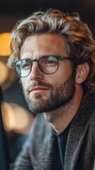 Obraz premium A man with glasses and a beard is looking at the camera