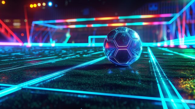 Futuristic Football Field with Neon Lines and High-Tech Soccer Ball Design for Posters