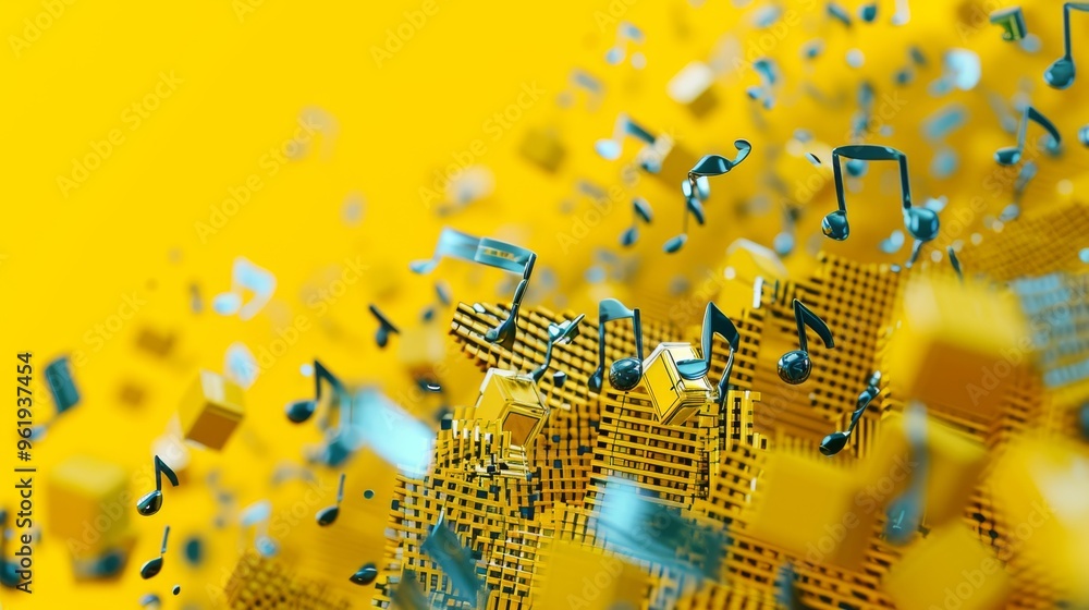 Aufkleber a dynamic and vibrant abstract image showcasing an explosion of musical notes and cubes against a ye