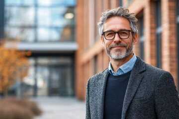 A man wearing a suit and a blue shirt is smiling in front of a brick building