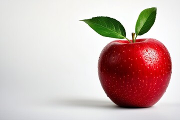 A fresh red apple with leaves on a white background.