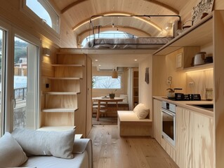 Modern Tiny Home Interior with Loft Bed and Rustic Wooden Design.