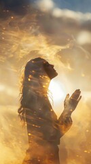 Woman in prayer against sunlight and clouds