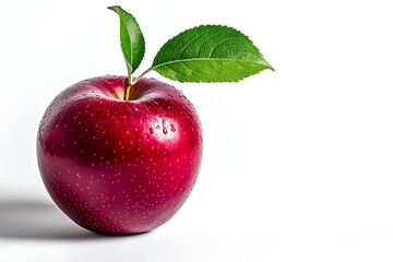 A fresh red apple with a green leaf.