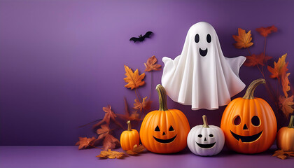  Cute Halloween ghosts and pumpkins on a purple background. _1(482)