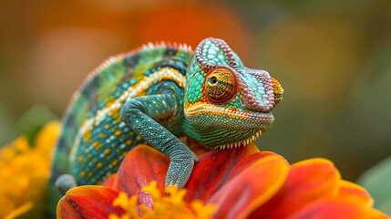 Camouflaged chameleon on colorful flower, changing colors: A chameleon clings to a vibrant flower, its skin shifting colors to blend perfectly with the petals, showcasing its remarkable ability 