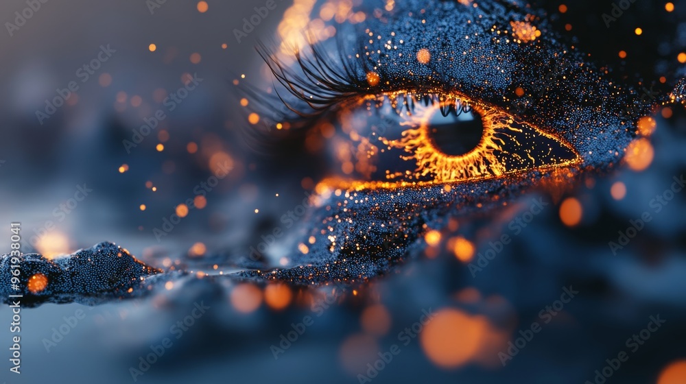 Poster an animated concept of a human eye iris and pupil with multicolored lines scattering out of a bright