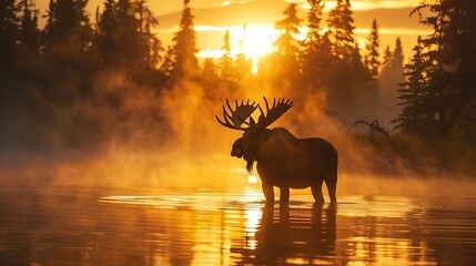 Majestic moose standing in misty lake at dawn: A majestic moose stands knee-deep in a misty lake at dawn, its large antlers silhouetted against the rising sun, creating a scene of quiet grandeur. 